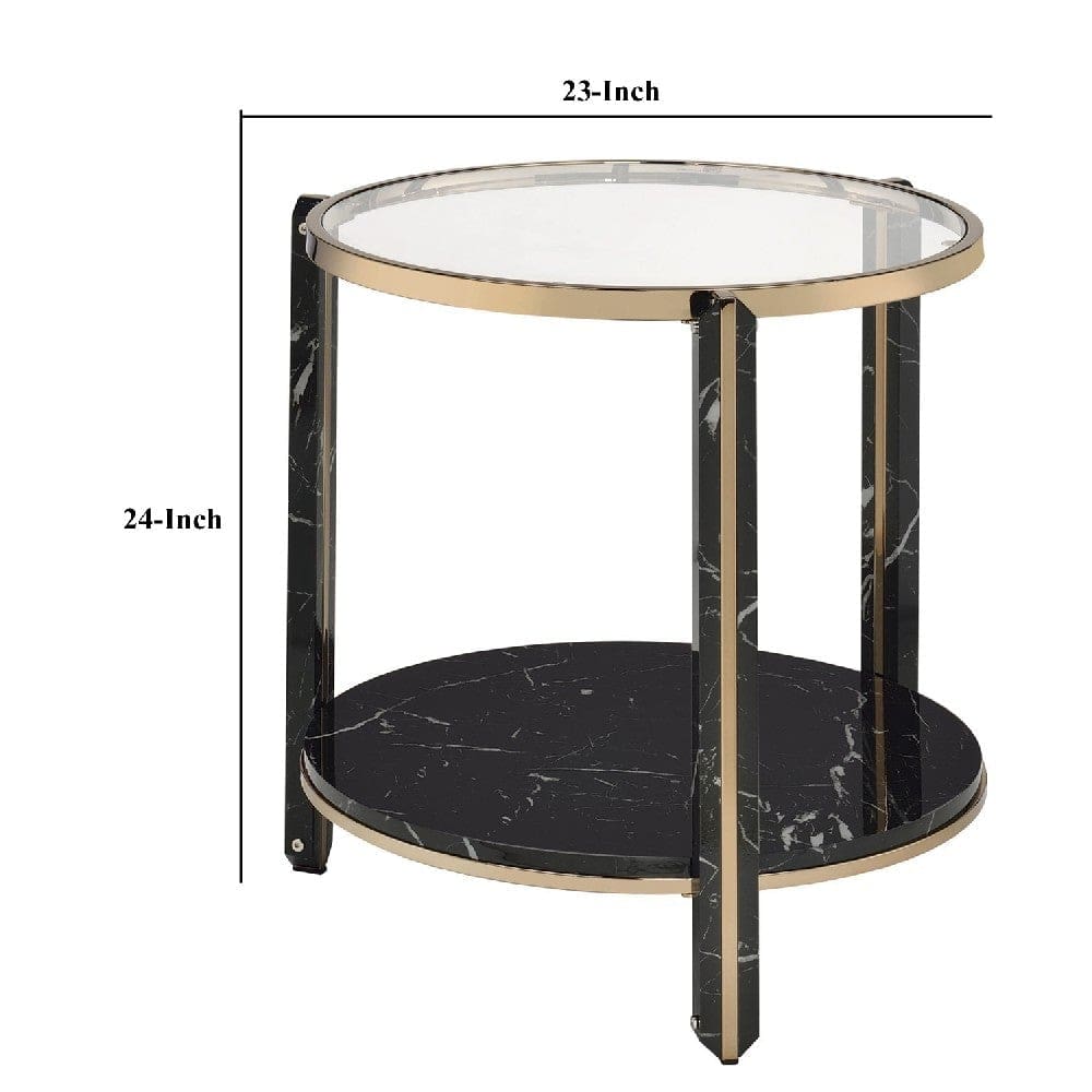 End Table with Glass Top and Faux Marble Shelf Black and Gold By Casagear Home BM250391