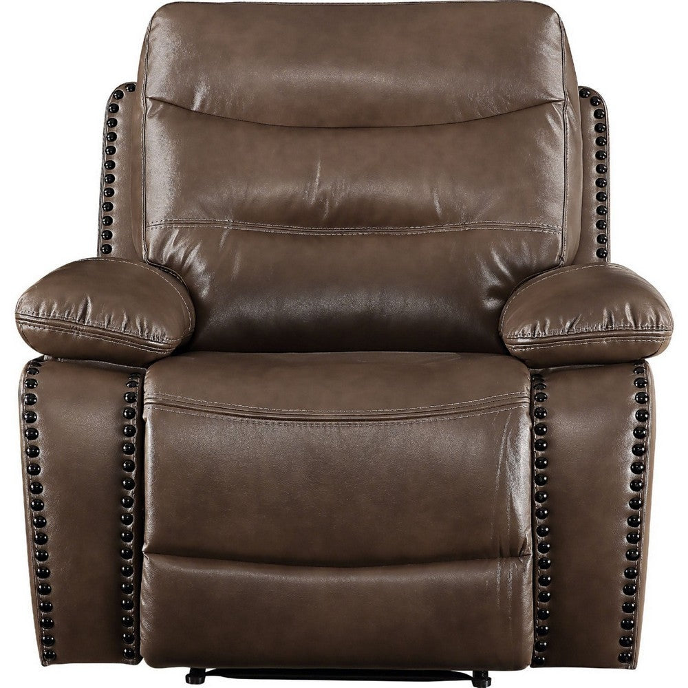 Leatherette Power Recliner with Nailhead Trim Accent Brown By Casagear Home BM250552