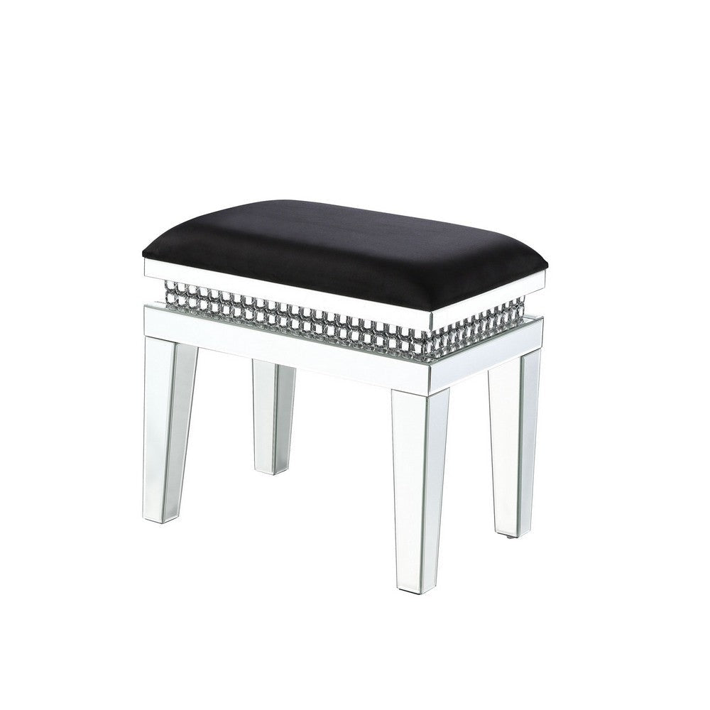 Vanity Stool with Fabric Cushioned Top Seat and Mirror Frame, Silver By Casagear Home