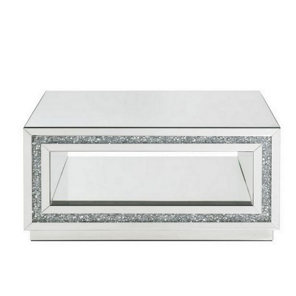 Coffee Table with Mirror Framing and Faux Diamonds Silver By Casagear Home BM250657