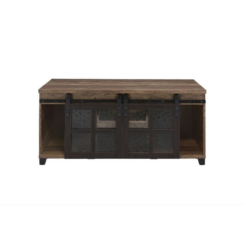 Coffee Table with 2 Barn Sliding Glass Doors and Pull Out Tray Brown By Casagear Home BM250675