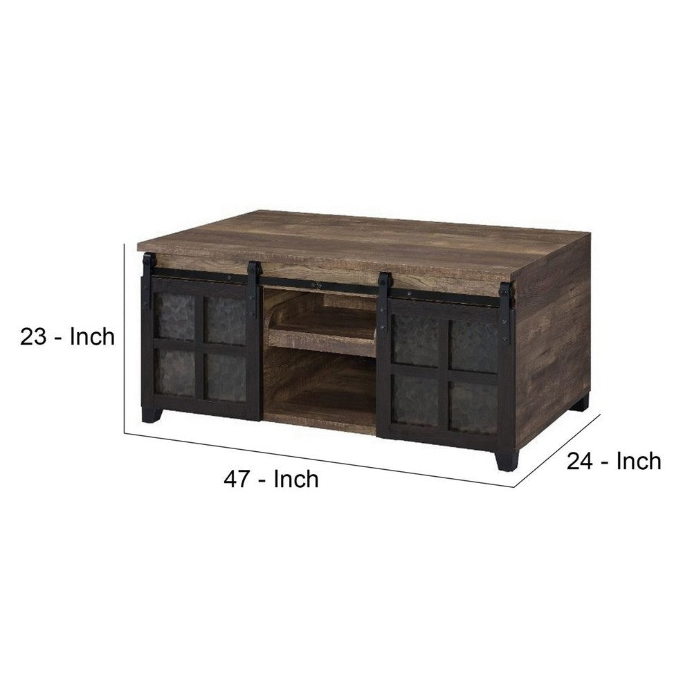 Coffee Table with 2 Barn Sliding Glass Doors and Pull Out Tray Brown By Casagear Home BM250675