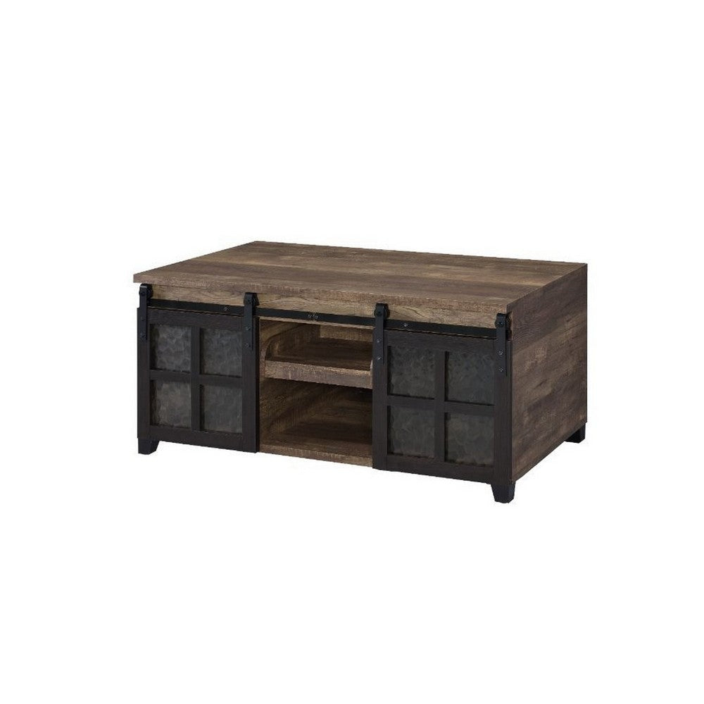 Coffee Table with 2 Barn Sliding Glass Doors and Pull Out Tray, Brown By Casagear Home