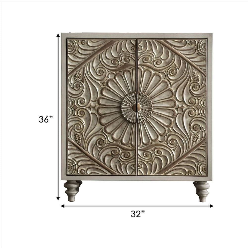 Wine Cabinet with Polyresin Floral Design Ivory By Casagear Home BM253000