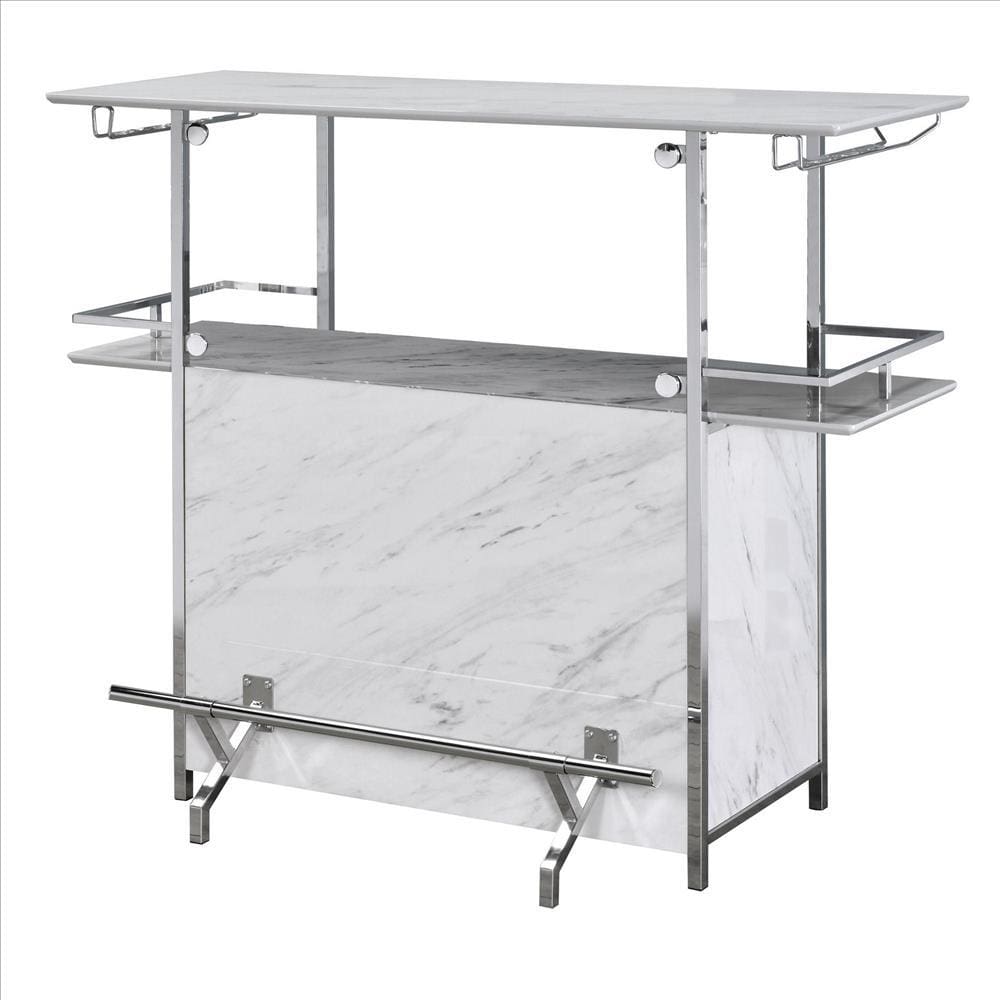 Bar Table with Faux Marble and Chrome Finish, White and Silver By Casagear Home