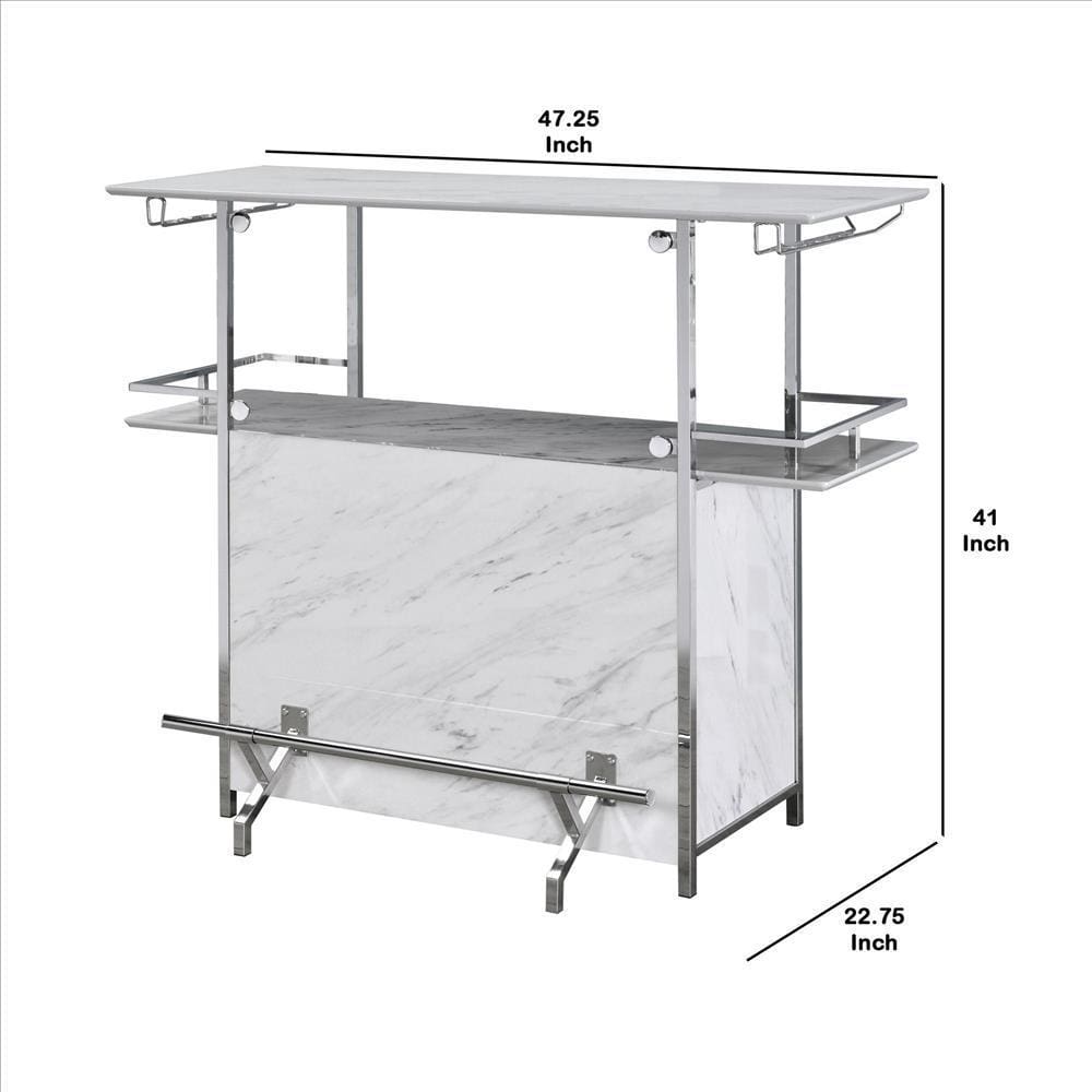 Bar Table with Faux Marble and Chrome Finish White and Silver By Casagear Home BM253019