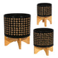 9 Inch Ceramic Round Planter Wood Stand Circular Pattern Medium Black By Casagear Home BM263803