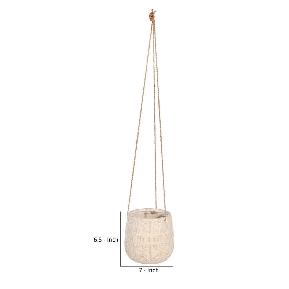 Hanging Planter with Ceramic Body and Abstract Details Beige By Casagear Home BM263811