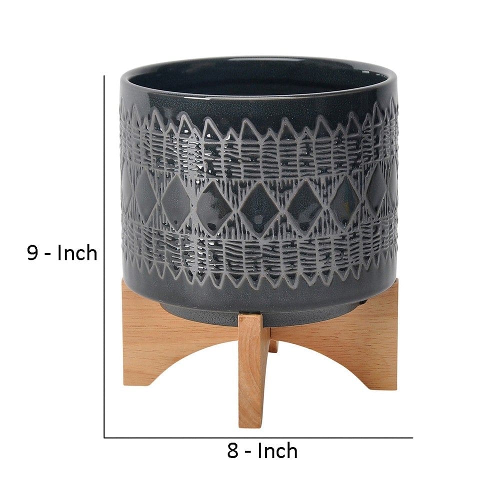 Planter with Wooden Stand and Native Design Large Black By Casagear Home BM263829