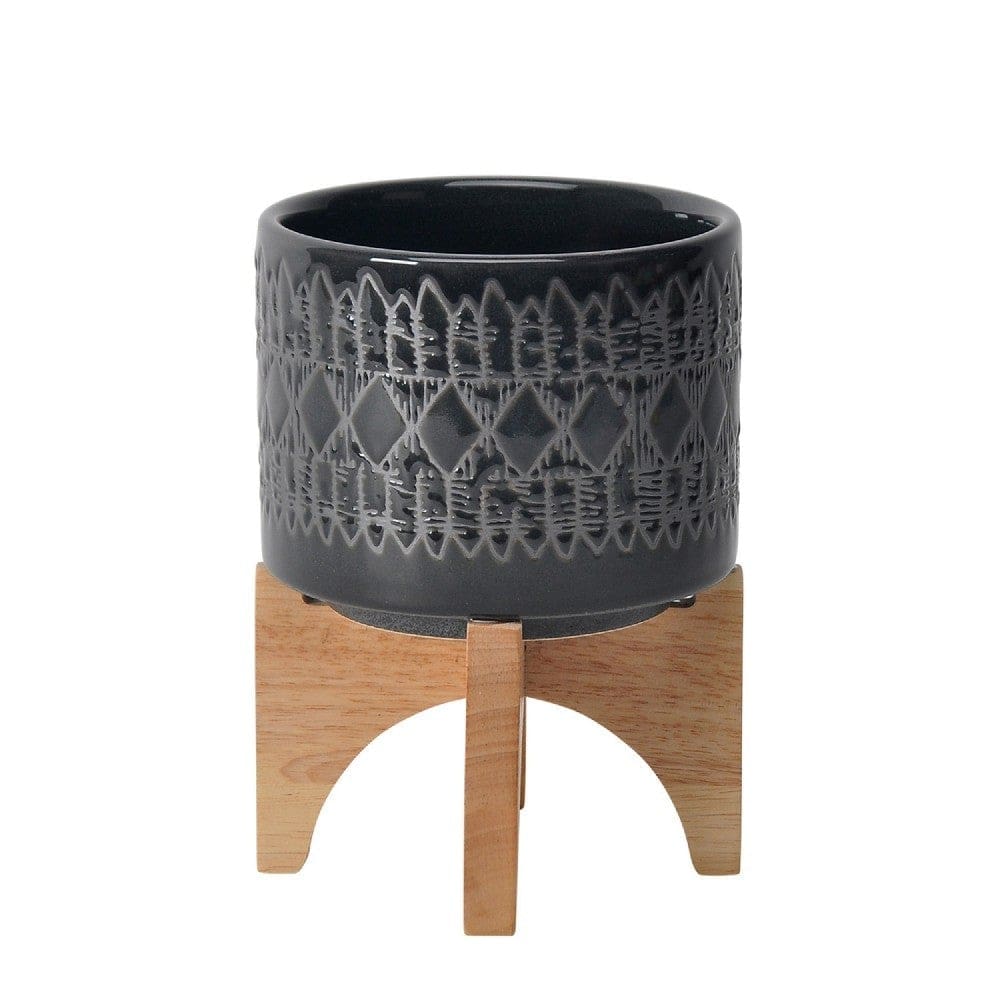 Planter with Wooden Stand and Native Design, Small, Black By Casagear Home