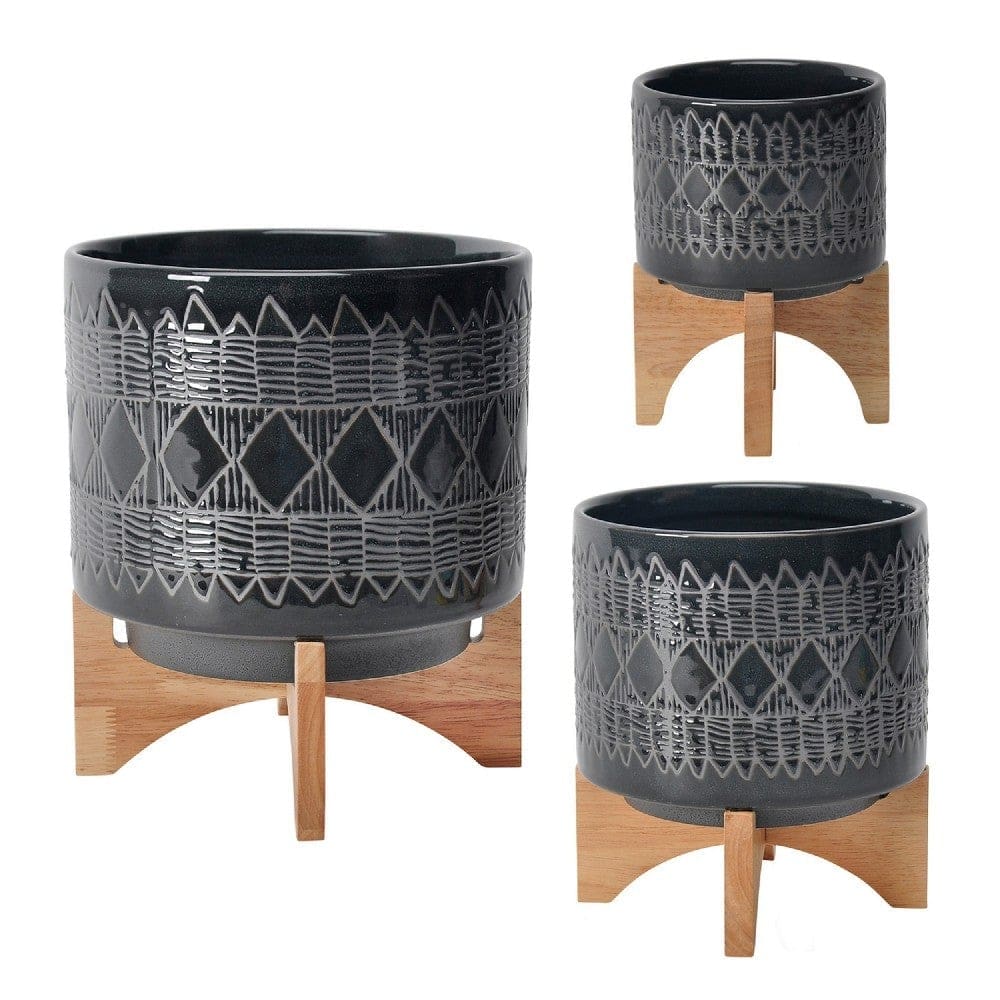 Planter with Wooden Stand and Native Design Small Black By Casagear Home BM263830