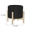 Planter with Fluted Pattern and Wooden Stand Black By Casagear Home BM263838