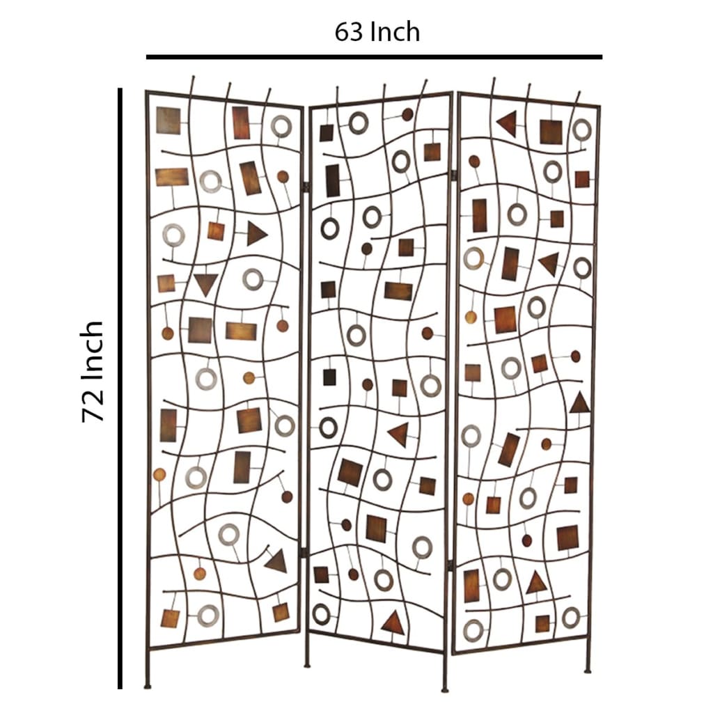 Foldable Metal Screen with Geometrical Design and 3 Panels Brown - BM26500 By Casagear Home BM26500