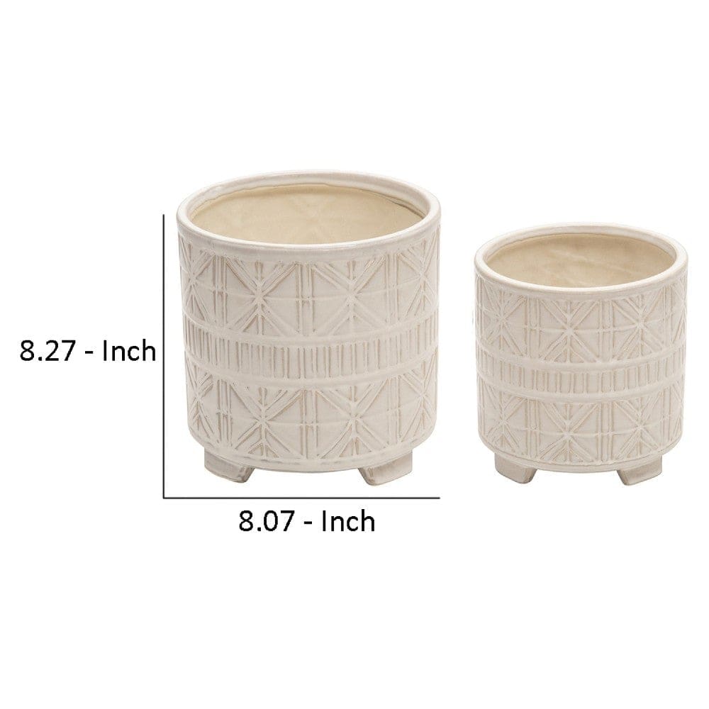 Footed Planter with Ceramic and Geometric Pattern Set of 2 Beige By Casagear Home BM266228