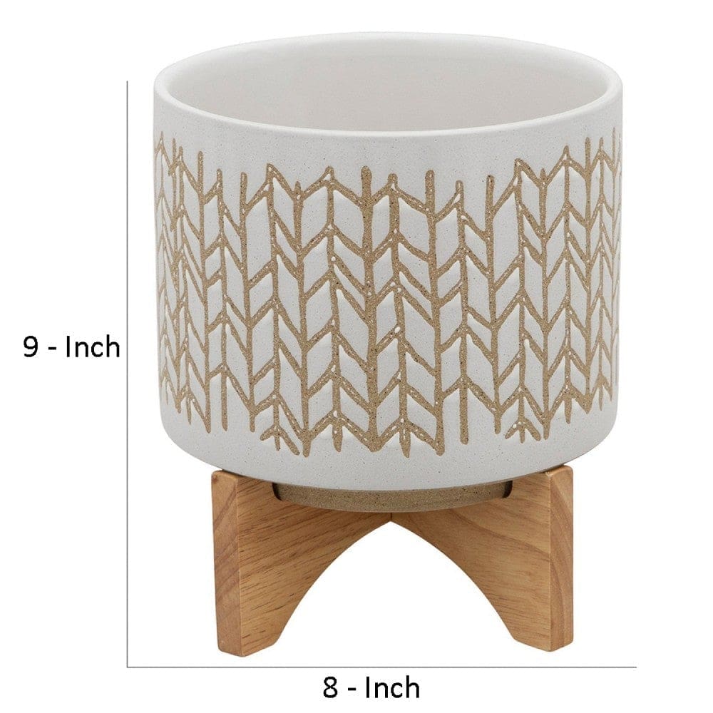 Planter with Chevron Pattern and Wooden Stand Large Off White By Casagear Home BM266242