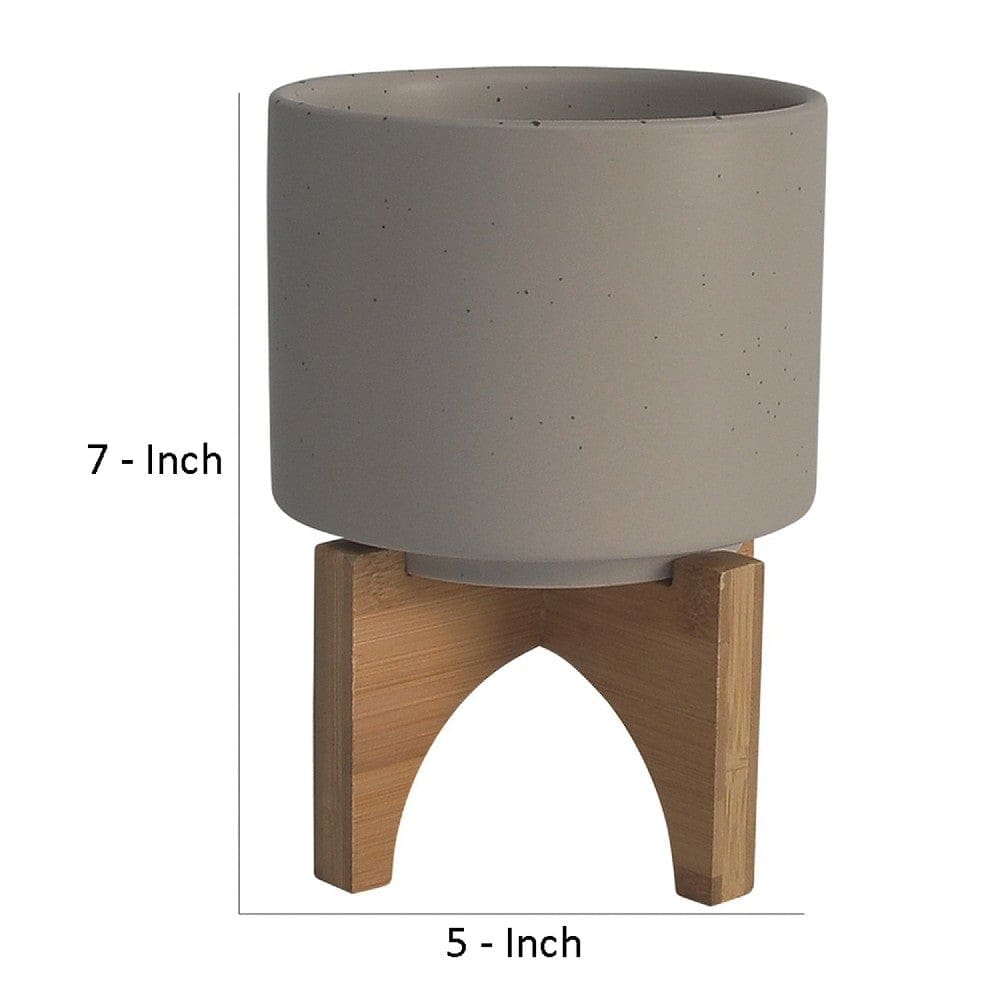 Ceramic Planter with Terrazzo Design and Wooden Stand Gray By Casagear Home BM266248