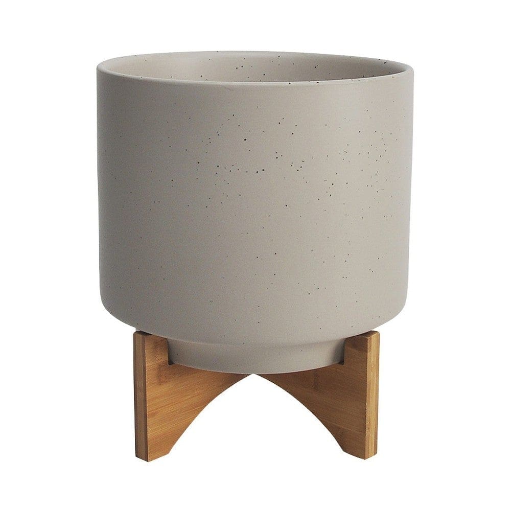 Ceramic Planter with Terrazzo Design and Wooden Stand, Large, Light Beige By Casagear Home