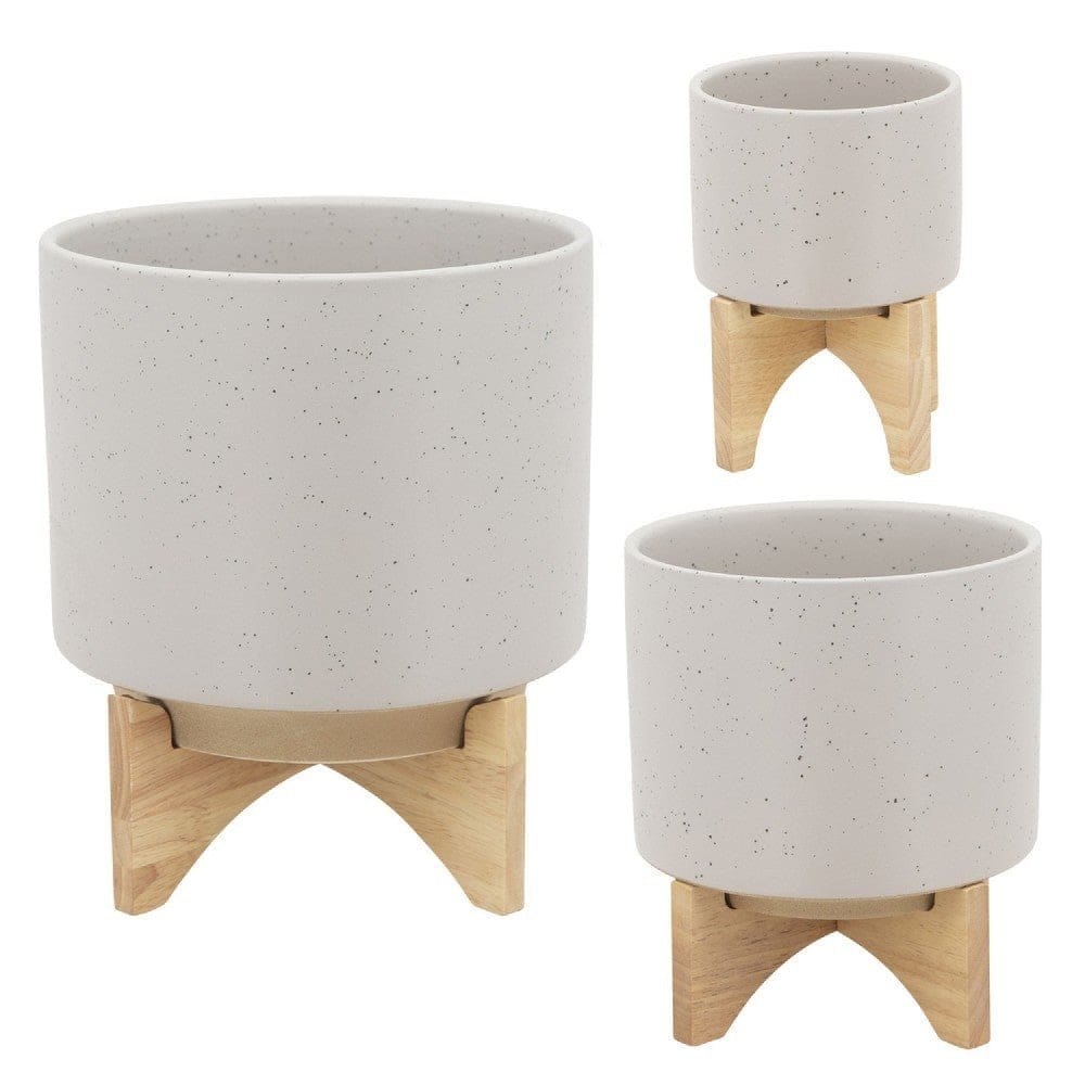 Ceramic Planter with Terrazzo Design and Wooden Stand Large Light Beige By Casagear Home BM266249