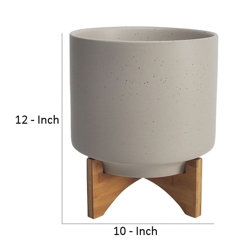 Ceramic Planter with Terrazzo Design and Wooden Stand Large Light Beige By Casagear Home BM266249