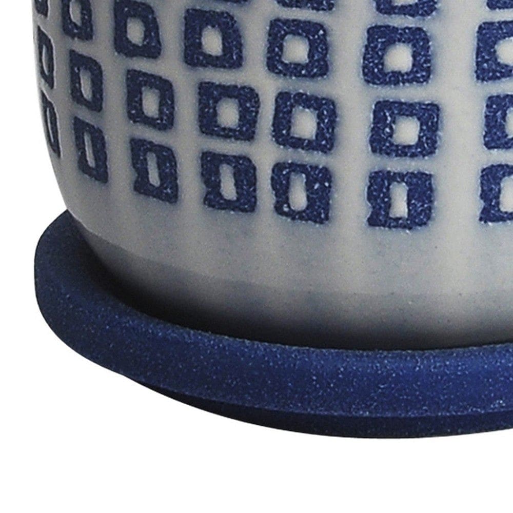 Ceramic Planter with Saucer and Square Pattern White and Blue By Casagear Home BM266250