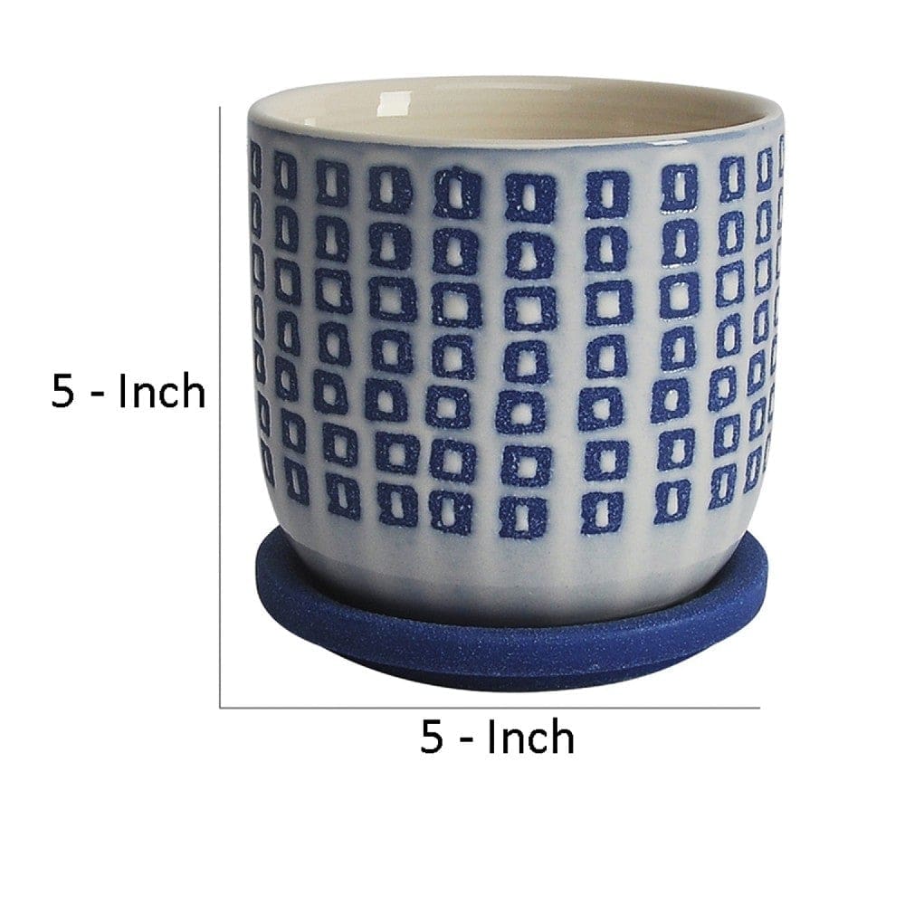 Ceramic Planter with Saucer and Square Pattern White and Blue By Casagear Home BM266250