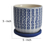 Ceramic Planter with Saucer and Square Pattern White and Blue By Casagear Home BM266250