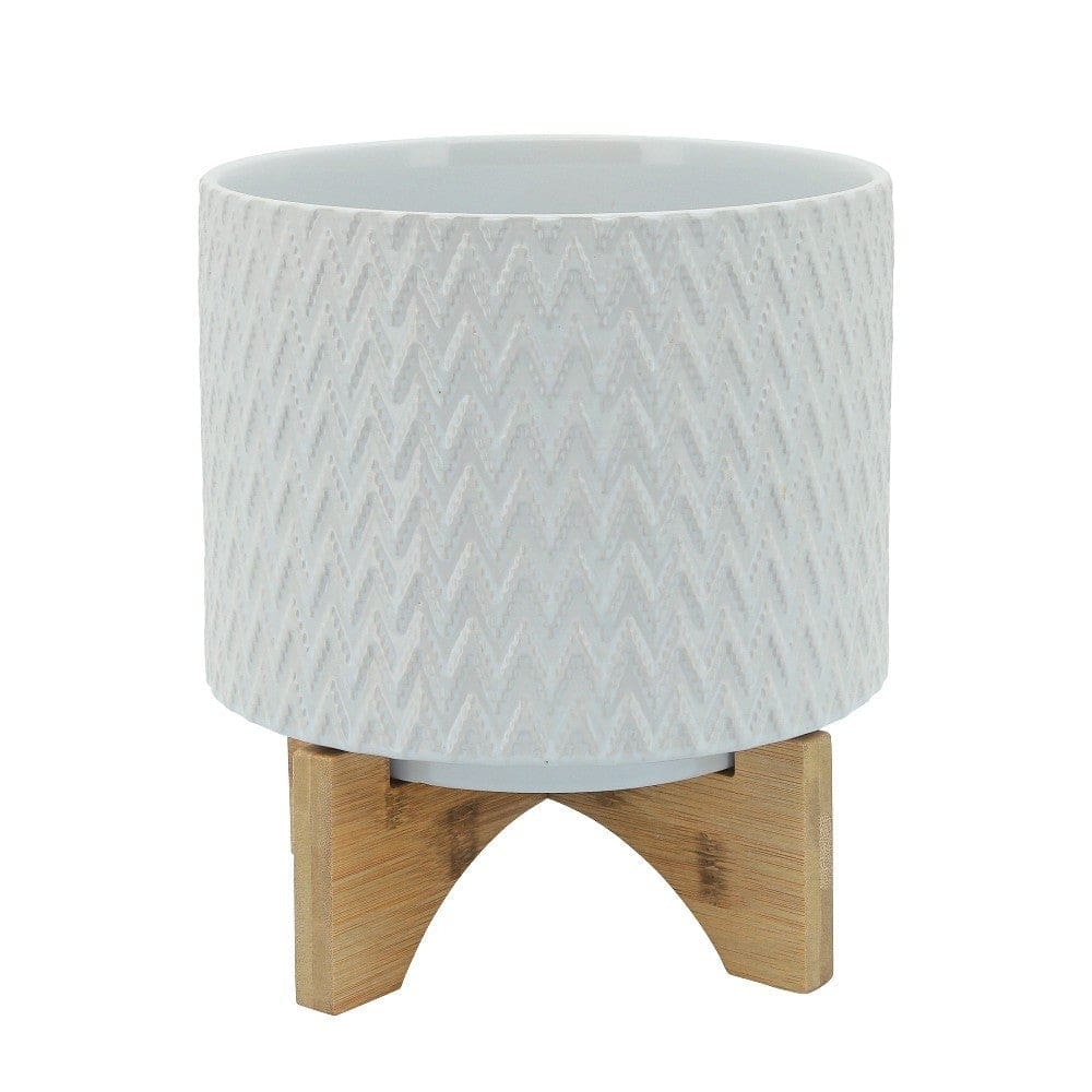 Ceramic Planter with Chevron Pattern and Wooden Stand, Small, White By Casagear Home