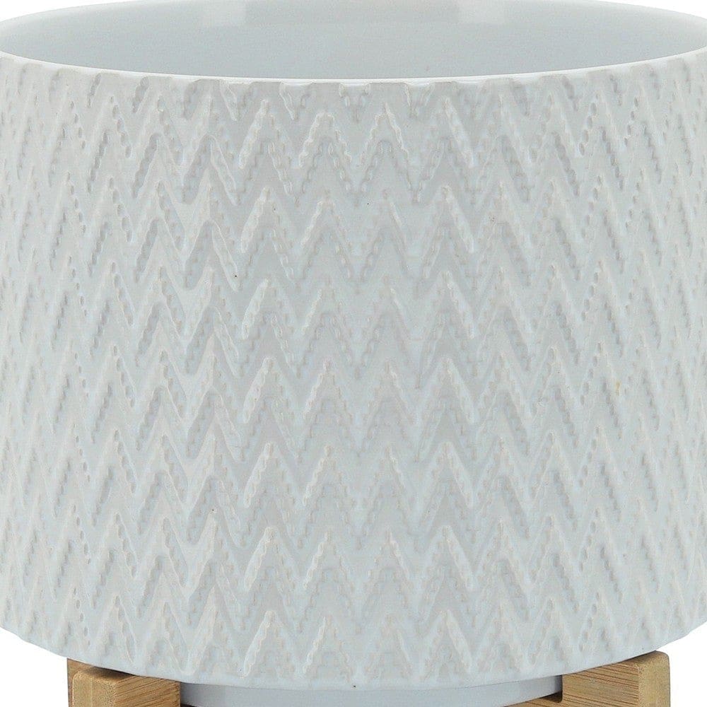 Ceramic Planter with Chevron Pattern and Wooden Stand Small White By Casagear Home BM266287