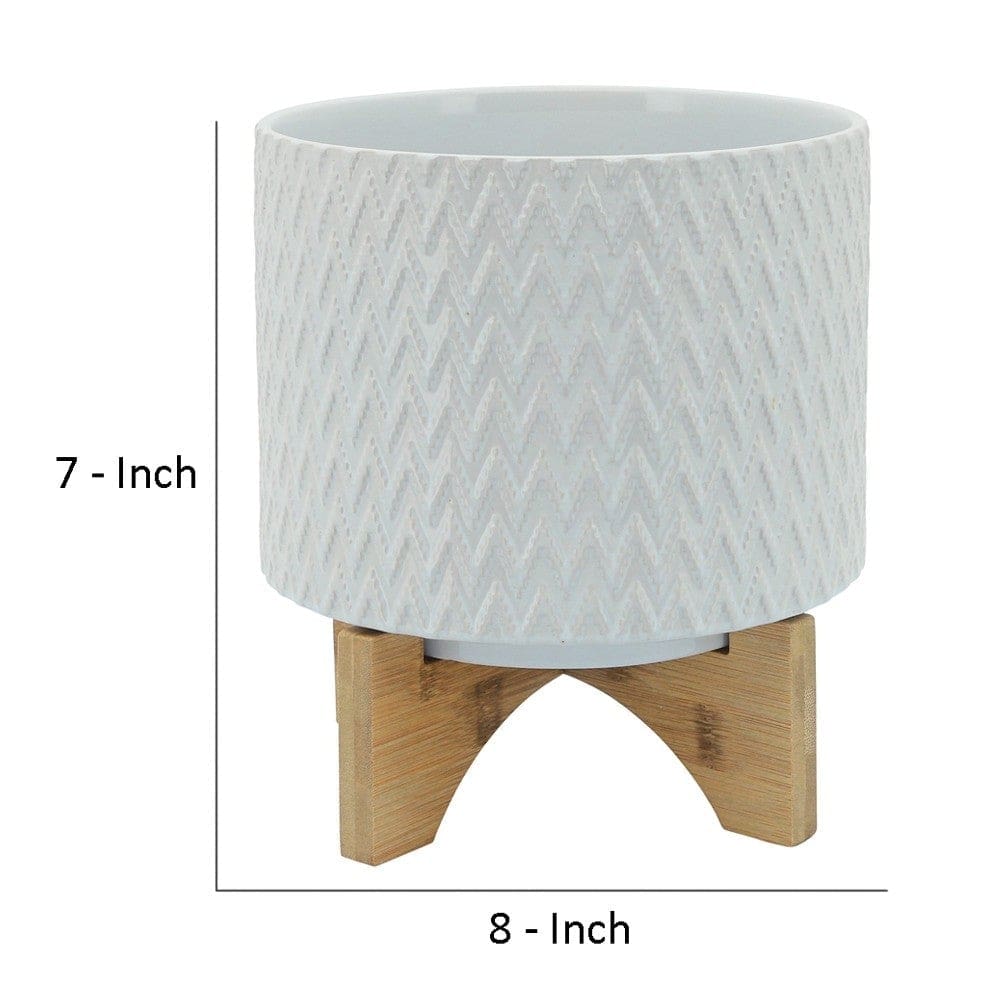 Ceramic Planter with Chevron Pattern and Wooden Stand Small White By Casagear Home BM266287