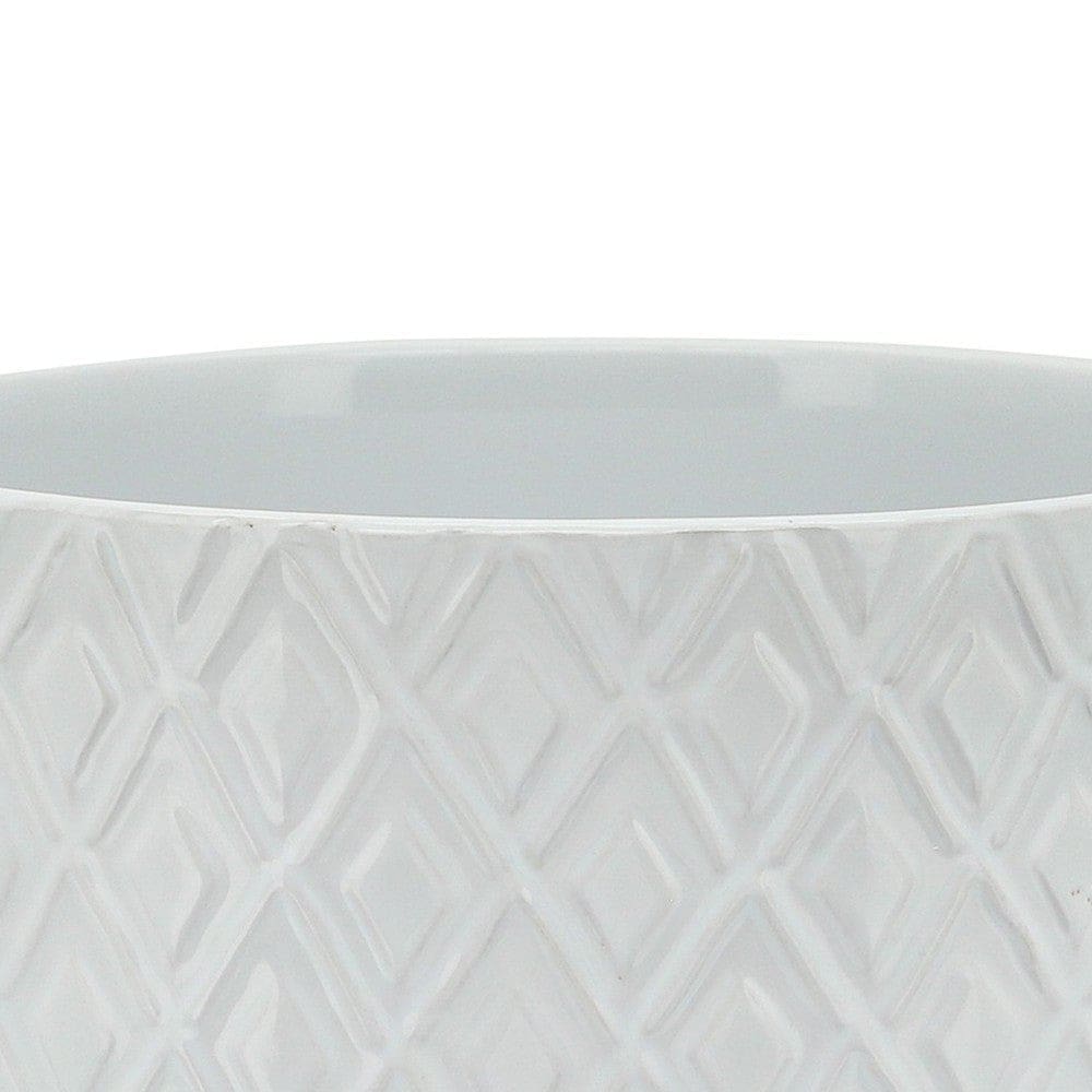 Ceramic Planter with Diamond Pattern and Wooden Stand White By Casagear Home BM266288