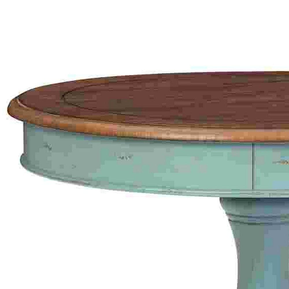 Wooden Accent Table with Round Tabletop Teal Blue and Brown By Casagear Home BM266419