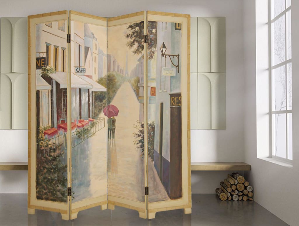 Wooden Screen with Artwork of Hand Painted Paris Promenade Multicolor - BM26652 By Casagear Home BM26652