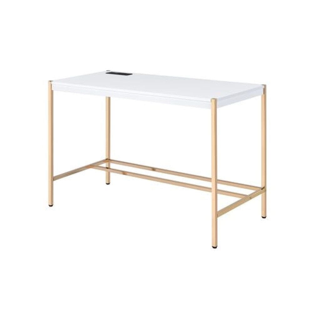 Writing Desk with USB Dock and Metal Legs, White and Rose Gold By Casagear Home