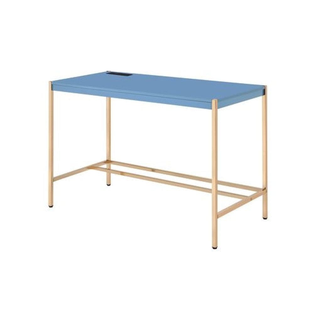 Writing Desk with USB Dock and Metal Legs, Blue and Rose Gold By Casagear Home