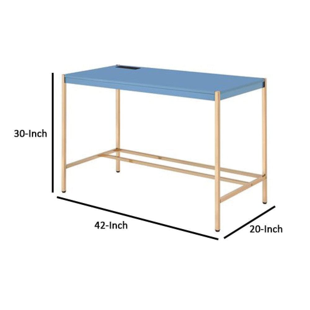 Writing Desk with USB Dock and Metal Legs Blue and Rose Gold By Casagear Home BM269052