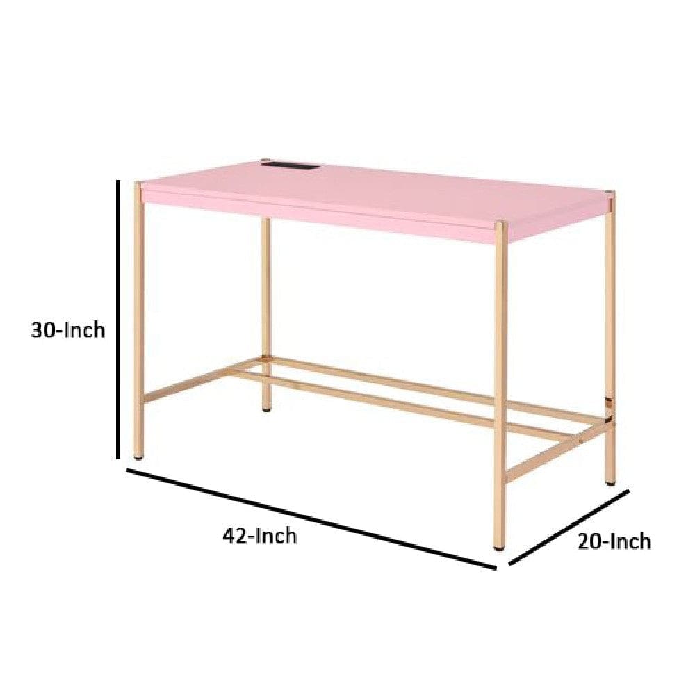 Writing Desk with USB Dock and Metal Legs Pink and Rose Gold By Casagear Home BM269054