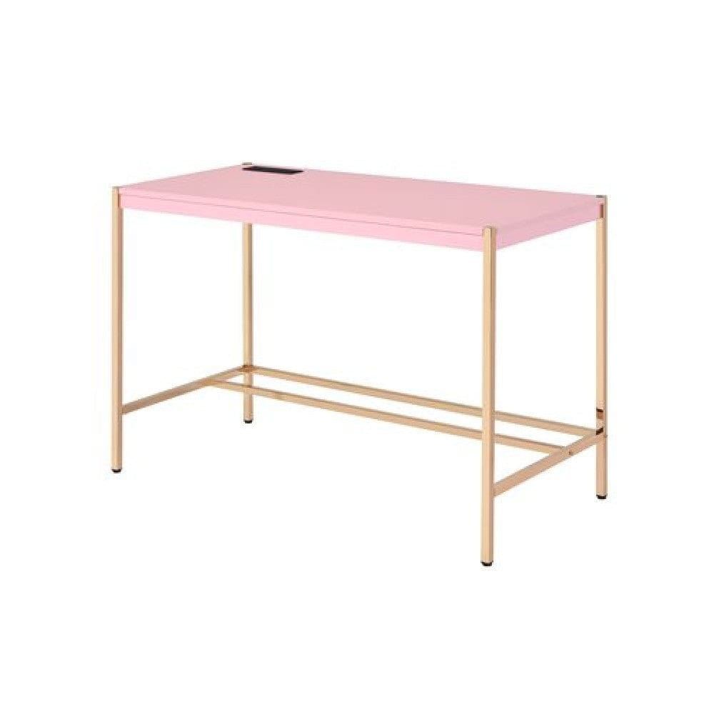 Writing Desk with USB Dock and Metal Legs, Pink and Rose Gold By Casagear Home