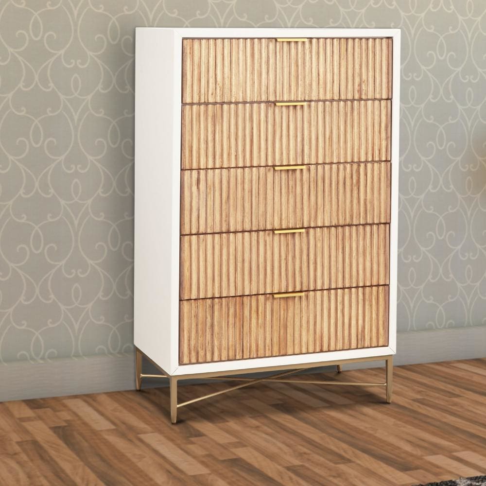 Chest with 5 Corrugated Panel Drawers and Metal Base, White By Casagear Home