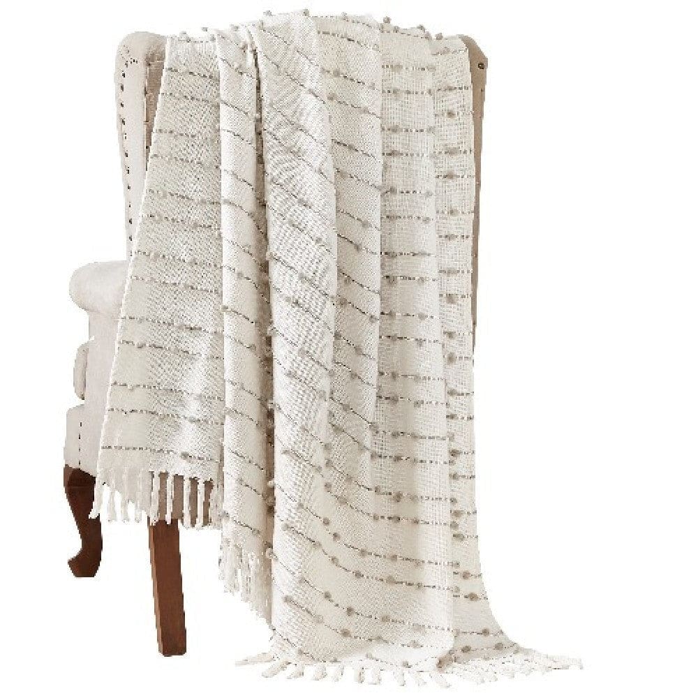 Veria 60 x 70 Cotton Throw with Pompom Stripe Design, Cream By Casagear Home