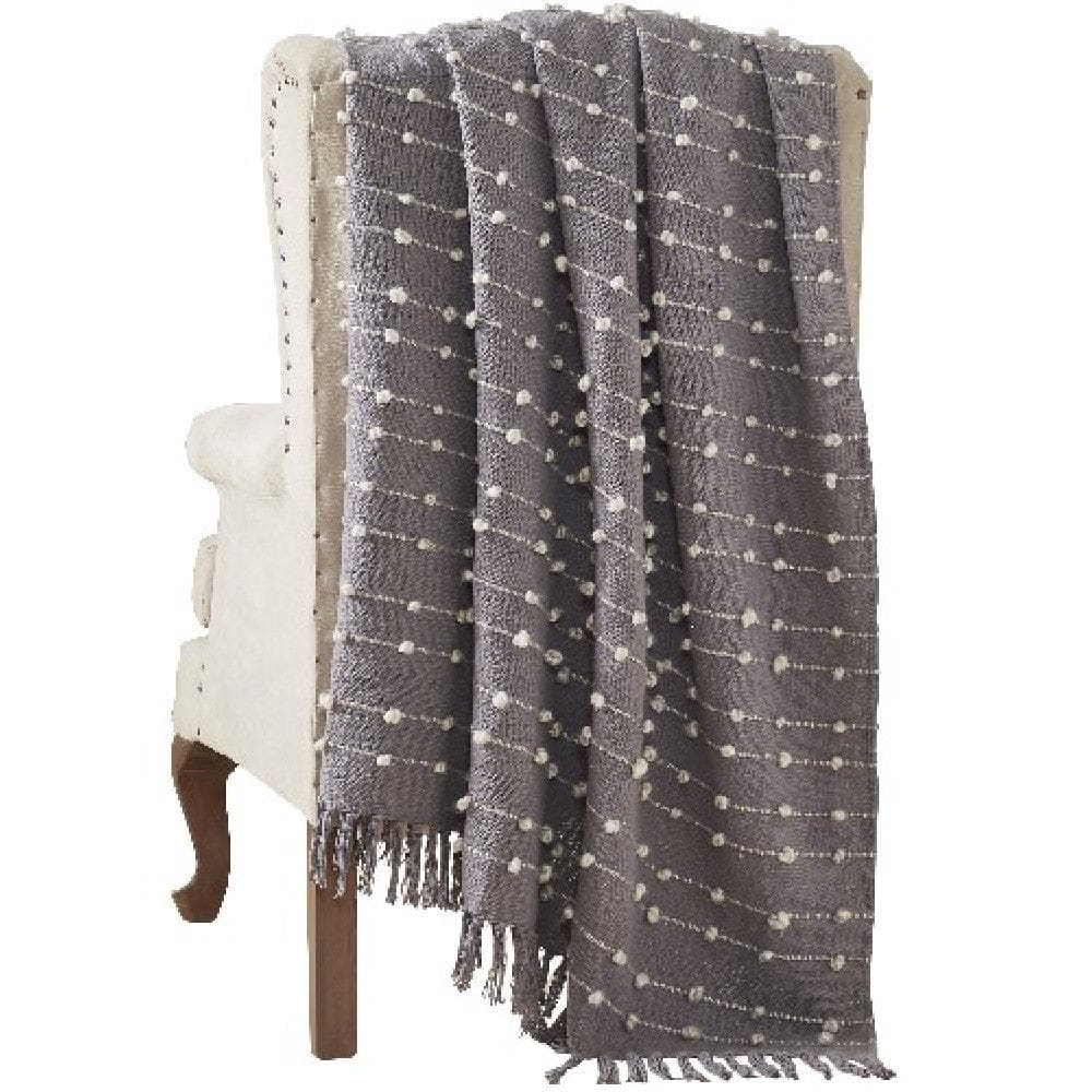 Veria 60 x 70 Cotton Throw with Pompom Stripe Design, Gray By Casagear Home