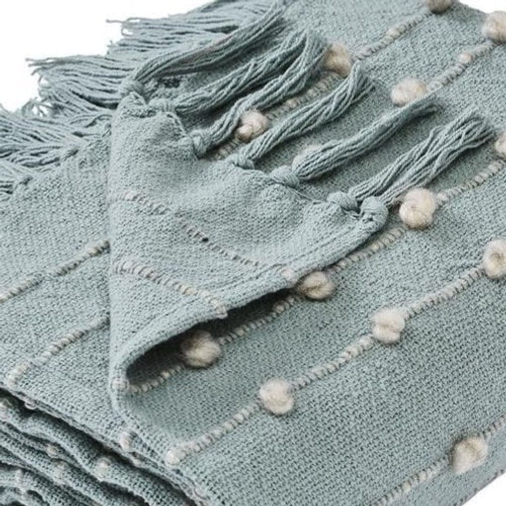 Veria 60 x 70 Cotton Throw with Pompom Stripe Design The Urban Port,Mint Green By Casagear Home BM269183