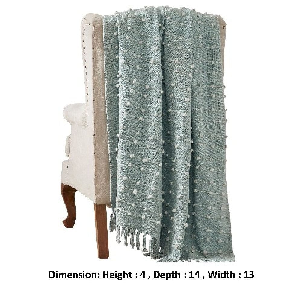 Veria 60 x 70 Cotton Throw with Pompom Stripe Design The Urban Port,Mint Green By Casagear Home BM269183