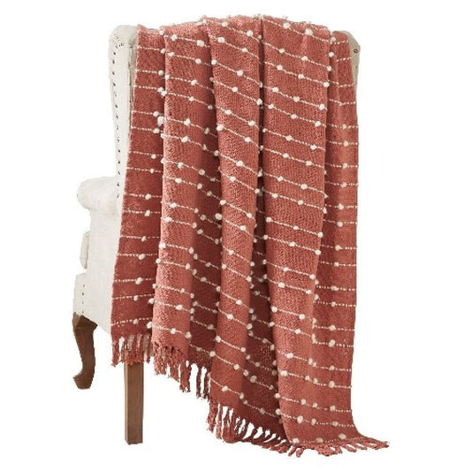 Veria 60 x 70 Cotton Throw with Pompom Stripe Design,Red By Casagear Home