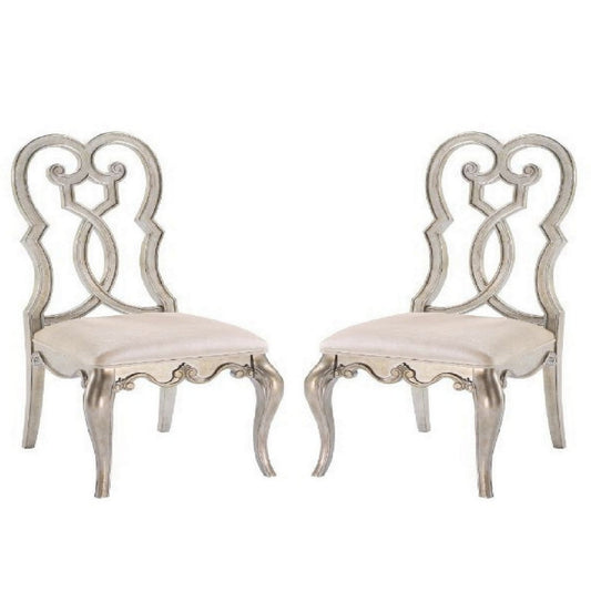 Side Chair with Wooden Scrolled Design Back, Set of 2, Beige By Casagear Home