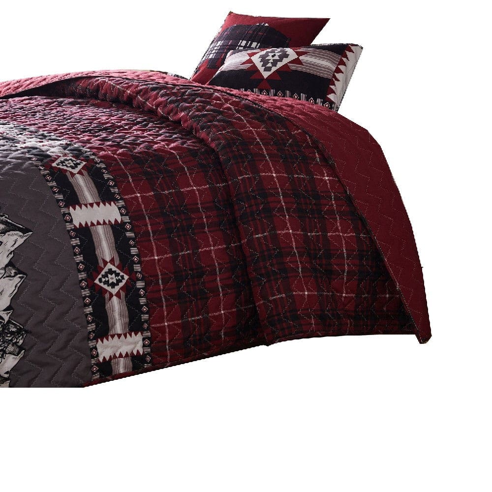 2 Piece Twin Quilt Set with Bear and Plaid Pattern Gray and Red By Casagear Home BM270176