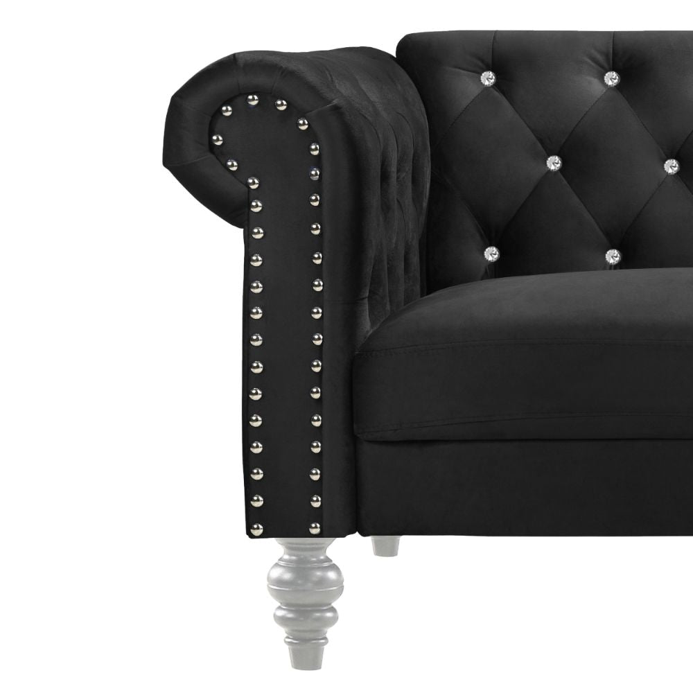 Ben 62 Inch Velvet Loveseat with Crystal Tufted Back Black Silver By Casagear Home BM271905