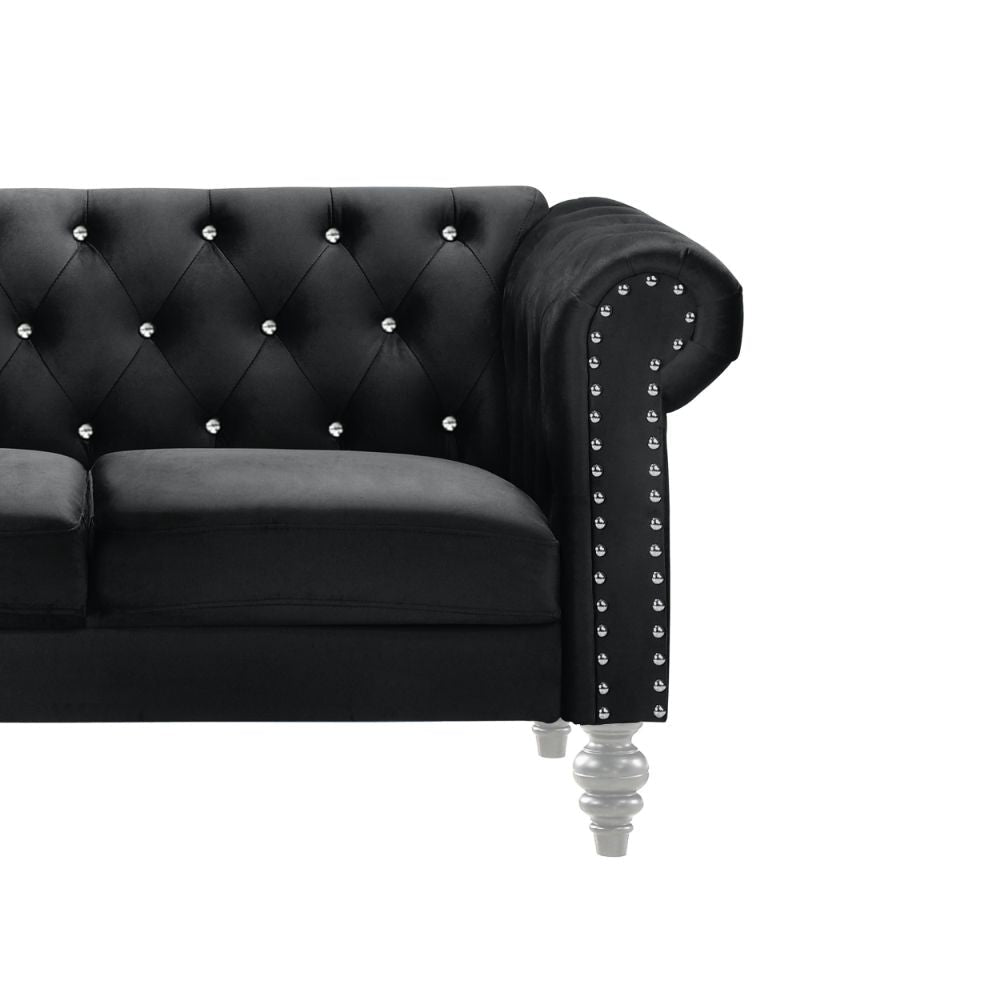 Ben 62 Inch Velvet Loveseat with Crystal Tufted Back Black Silver By Casagear Home BM271905