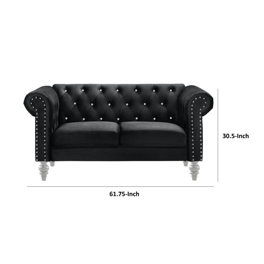 Ben 62 Inch Velvet Loveseat with Crystal Tufted Back Black Silver By Casagear Home BM271905