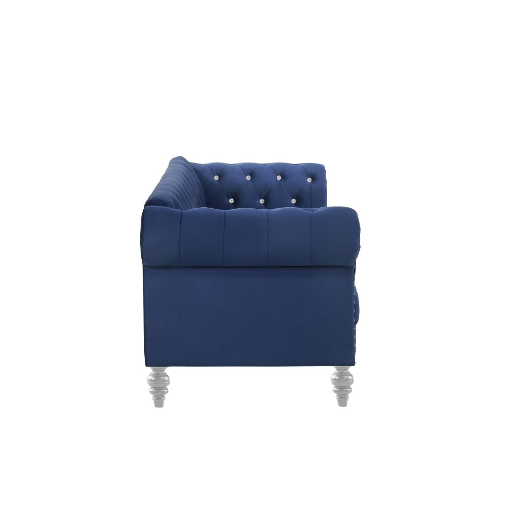 Ben 62 Inch Velvet Loveseat with Crystal Tufted Back Blue Silver By Casagear Home BM271906