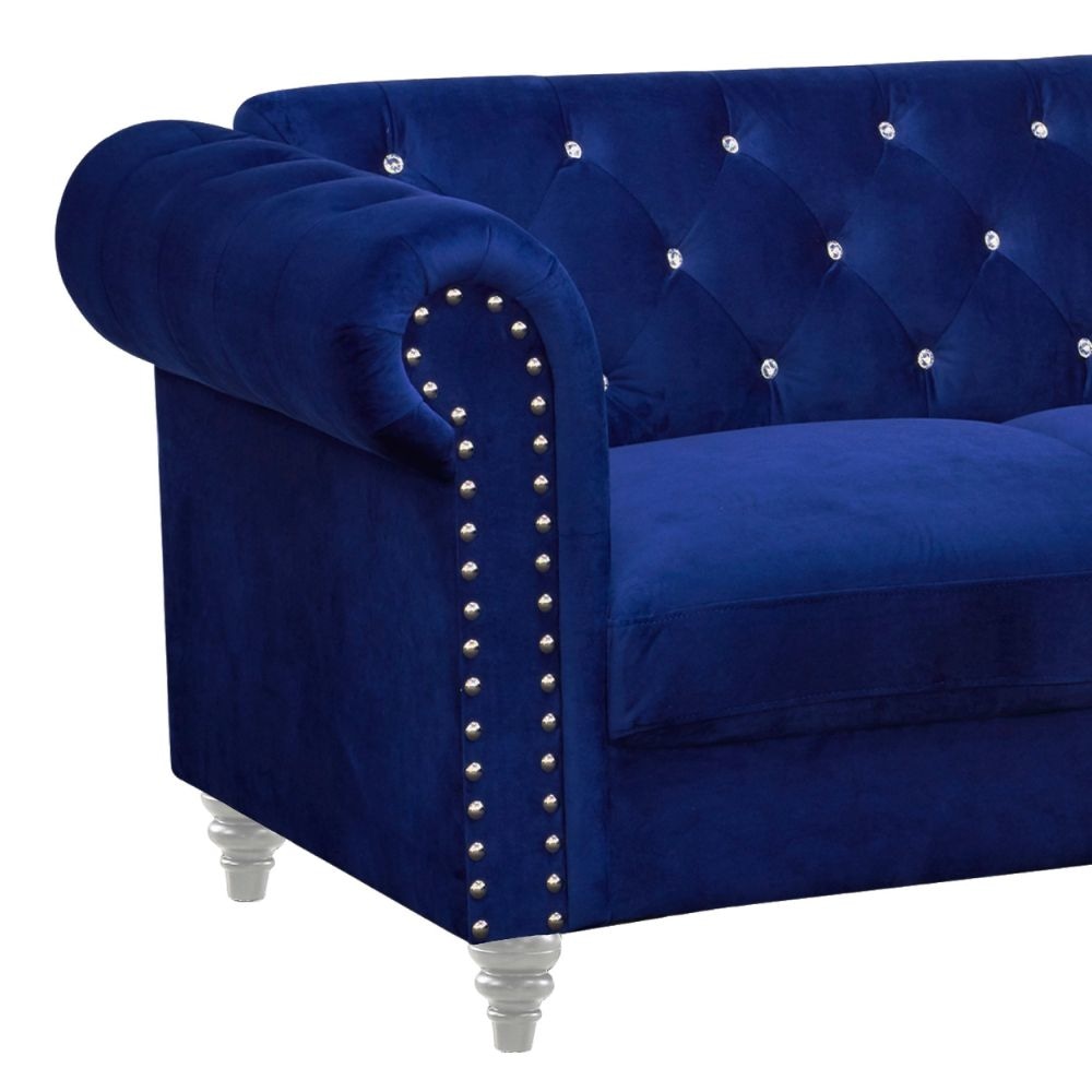 Ben 62 Inch Velvet Loveseat with Crystal Tufted Back Blue Silver By Casagear Home BM271906